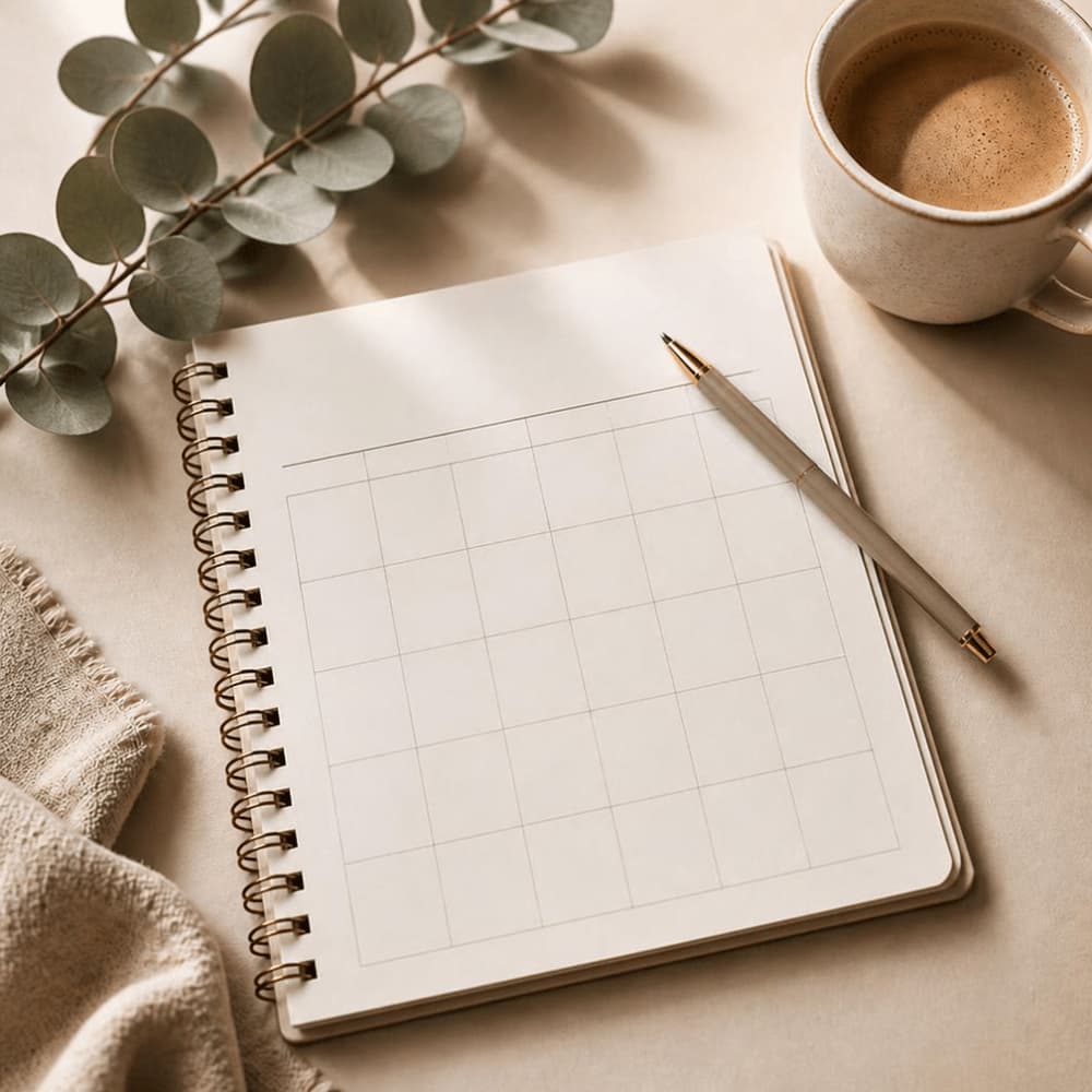 Open undated calendar page with a blank monthly grid, a pen, a cup of coffee, and a eucalyptus sprig on a warm cream surface