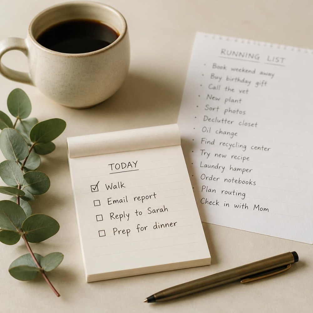 A small notepad with a short capped task list beside a longer separate running list, a pen, a cup of coffee, and a eucalyptus sprig on a warm cream surface