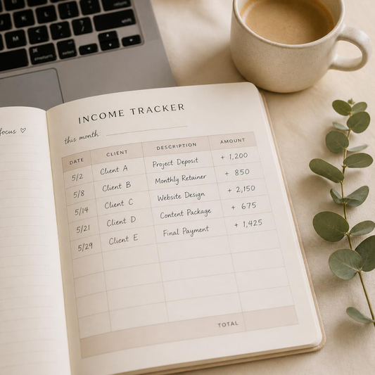 Open income tracker page with varying client payment entries, a laptop keyboard edge, a cup of coffee, and a eucalyptus sprig on a warm cream surface