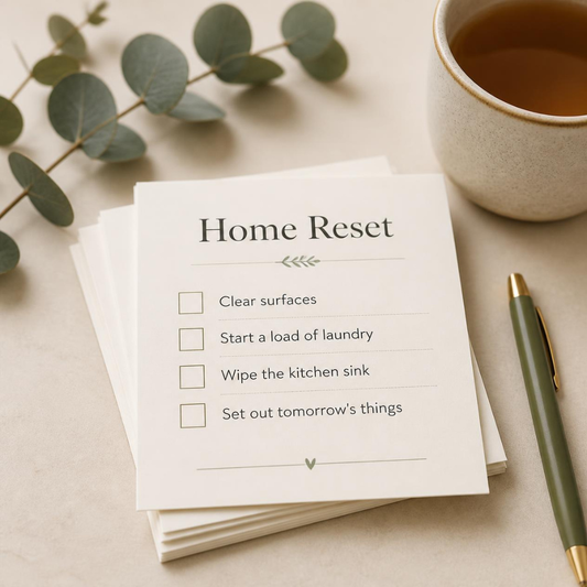 A loose printable Home Reset checklist card with items like Clear surfaces and Start a load of laundry, resting on a stack of similar cards beside a pen, a cup of tea, and a eucalyptus sprig on a cream surface