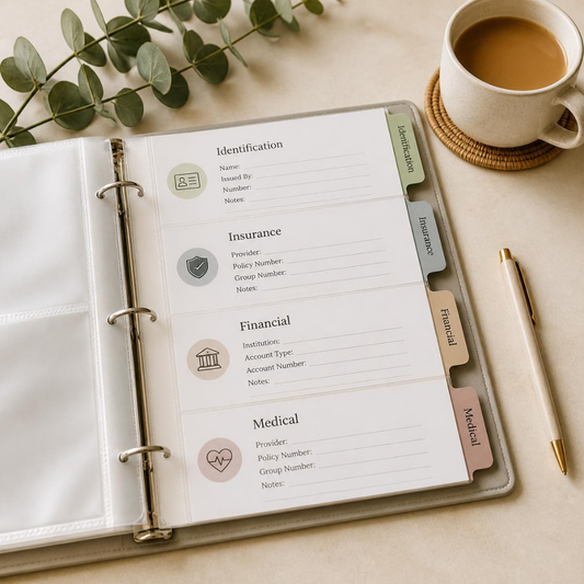 Open binder page with labeled sections for Identification, Insurance, Financial, and Medical documents, blank document sleeves, a pen, a cup of coffee, and a eucalyptus sprig on a warm cream surface