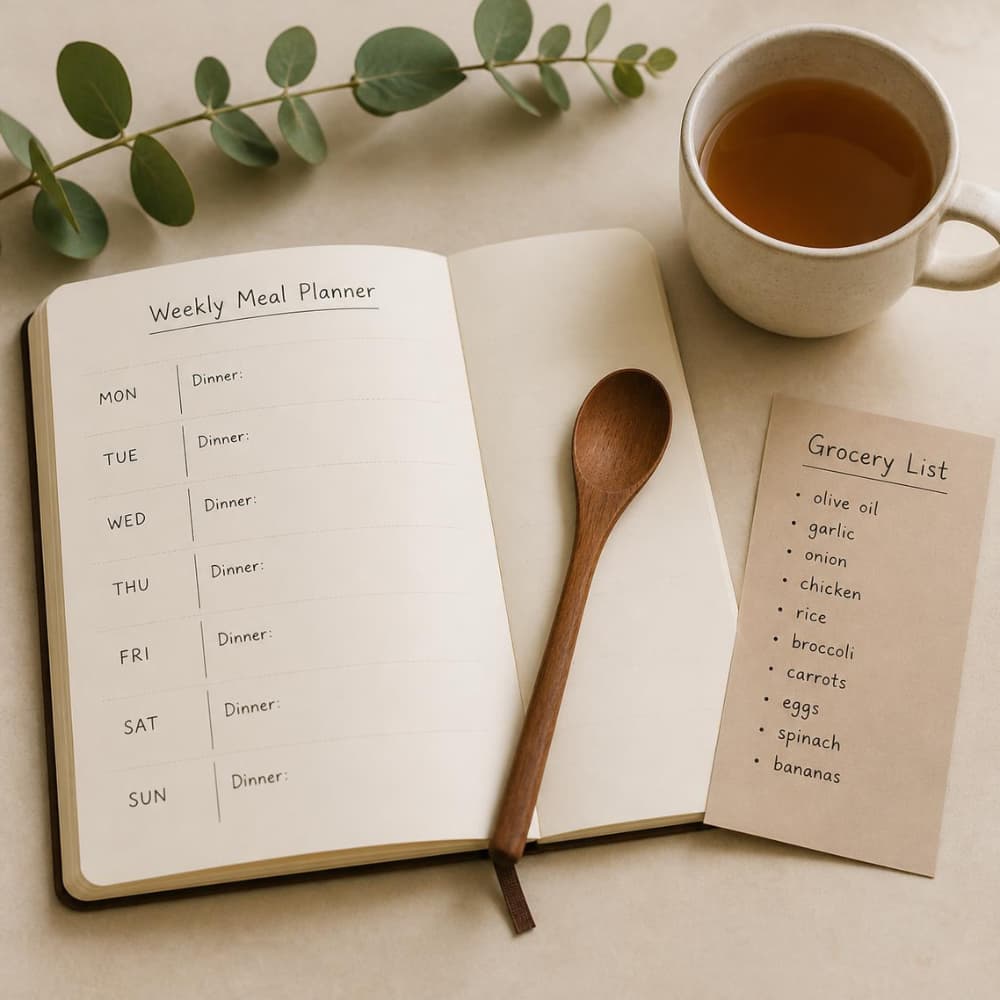 Open weekly meal planner notebook with dinner slots for each day, a grocery list card, a wooden spoon, a cup of tea, and a eucalyptus sprig on a warm cream surface