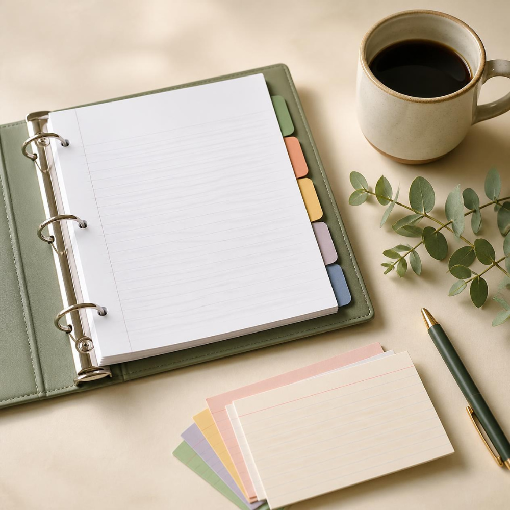 An open ring binder with colored tabbed dividers, a small fanned stack of blank index cards, a pen, a coffee mug, and a eucalyptus sprig on a warm cream surface
