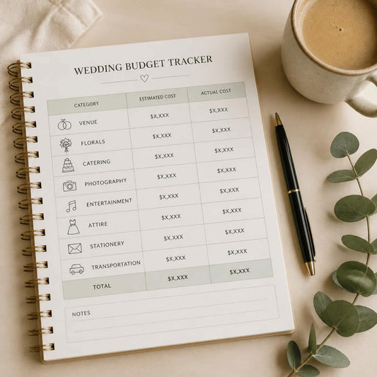 Open wedding budget tracker page with vendor categories and estimated versus actual cost columns, a pen, a cup of coffee, and a eucalyptus sprig on a warm cream surface
