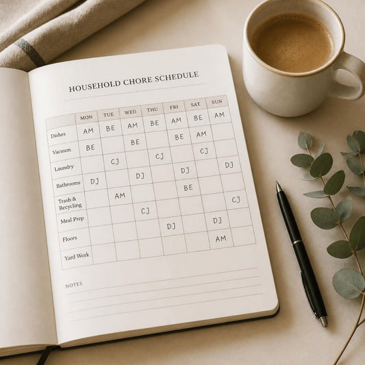 Open household chore schedule page with a weekly grid showing assigned chores, a pen, a cup of coffee, and a eucalyptus sprig on a warm cream surface