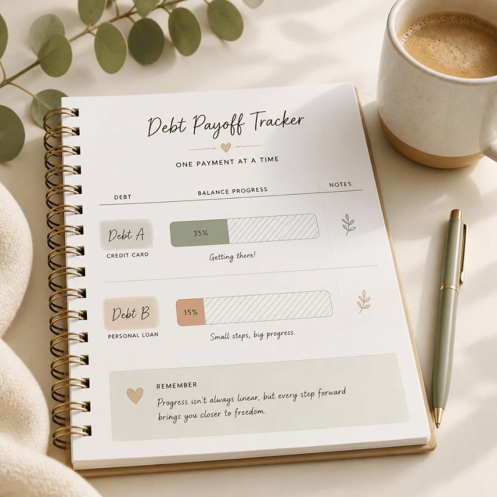 Open debt payoff tracker page with a visual progress chart showing declining balances, a pen, a cup of coffee, and a eucalyptus sprig on a warm cream surface