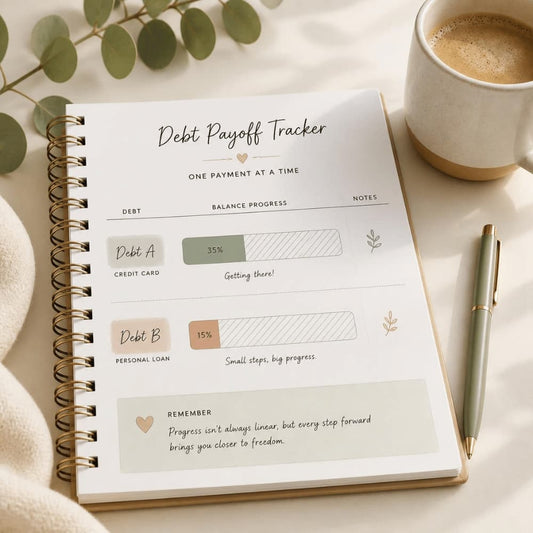 Open debt payoff tracker page with a visual progress chart showing declining balances, a pen, a cup of coffee, and a eucalyptus sprig on a warm cream surface