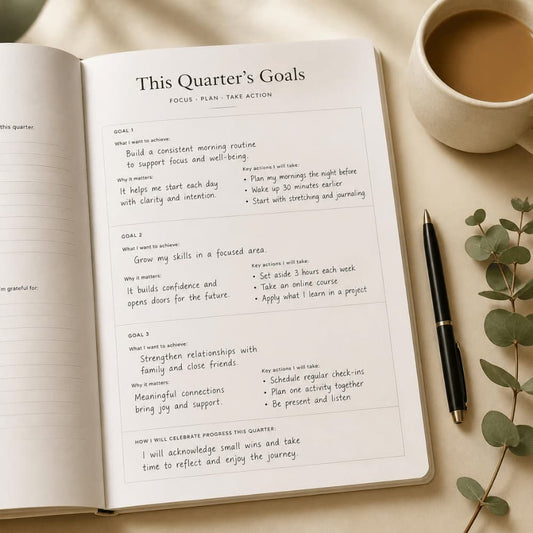 Open goal-setting worksheet showing a This Quarter's Goals page with a few filled-in entries, a pen, a cup of coffee, and a eucalyptus sprig on a warm cream surface