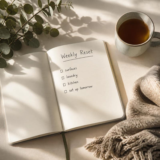 Open notebook with Weekly Reset checklist showing surfaces, laundry, kitchen and set up tomorrow, beside a cup of tea, eucalyptus sprig and cosy knit fabric on a calm cream surface