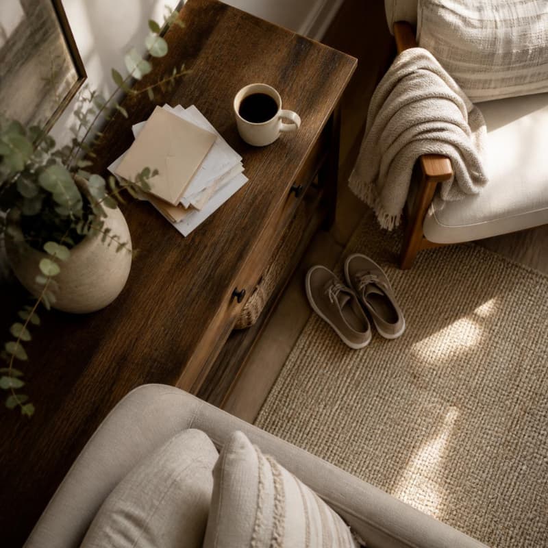 Warm living room scene from above showing a wooden coffee table with stacked papers and a coffee mug, a cosy armchair with a knit throw, shoes on a jute rug and a eucalyptus plant — a home being lived in