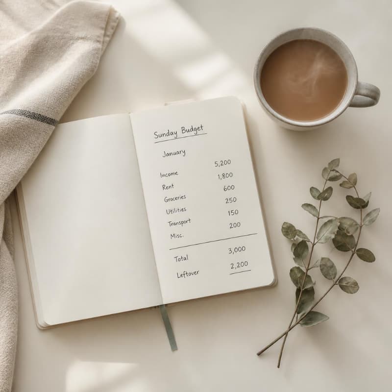 Open budget notebook with Sunday Budget written at the top, showing simple income and expense categories, beside a cup of coffee and eucalyptus sprig on a calm neutral surface