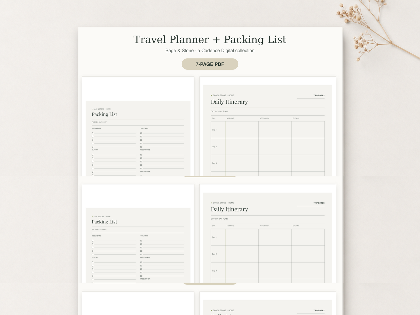 Travel Planner + Packing List — Sage & Stone