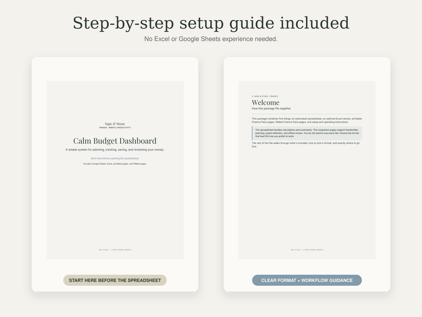 Calm Budget Dashboard — Google Sheets & Excel Budget Template with Printable Finance Pack