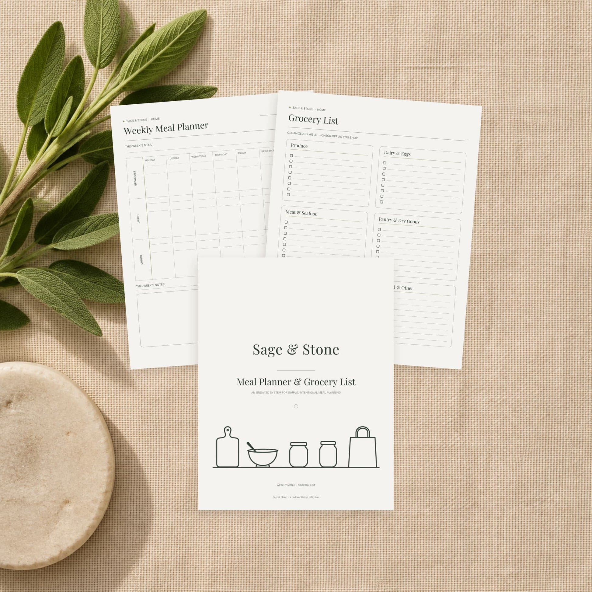 Meal Planner and Grocery List printable by Sage & Stone — undated weekly menu planner shown as printed pages on a linen surface