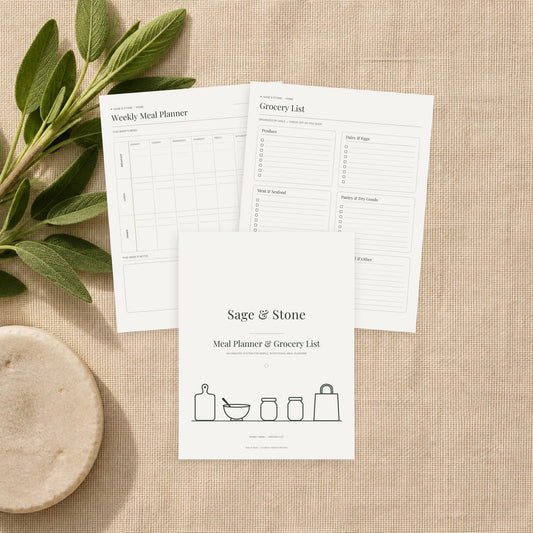 Meal Planner and Grocery List printable by Sage & Stone — undated weekly menu planner shown as printed pages on a linen surface