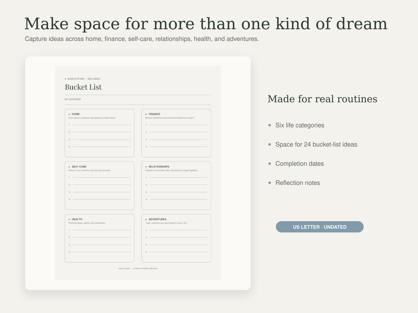 Bucket List Planner — Sage & Stone