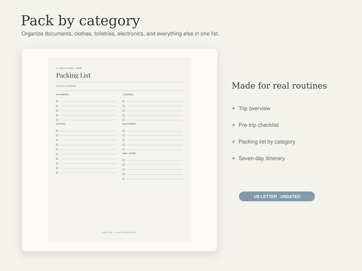 Travel Planner + Packing List — Sage & Stone