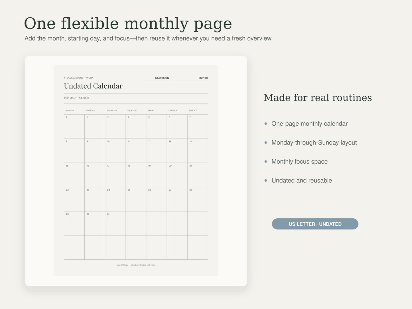 Undated Calendar — Sage & Stone