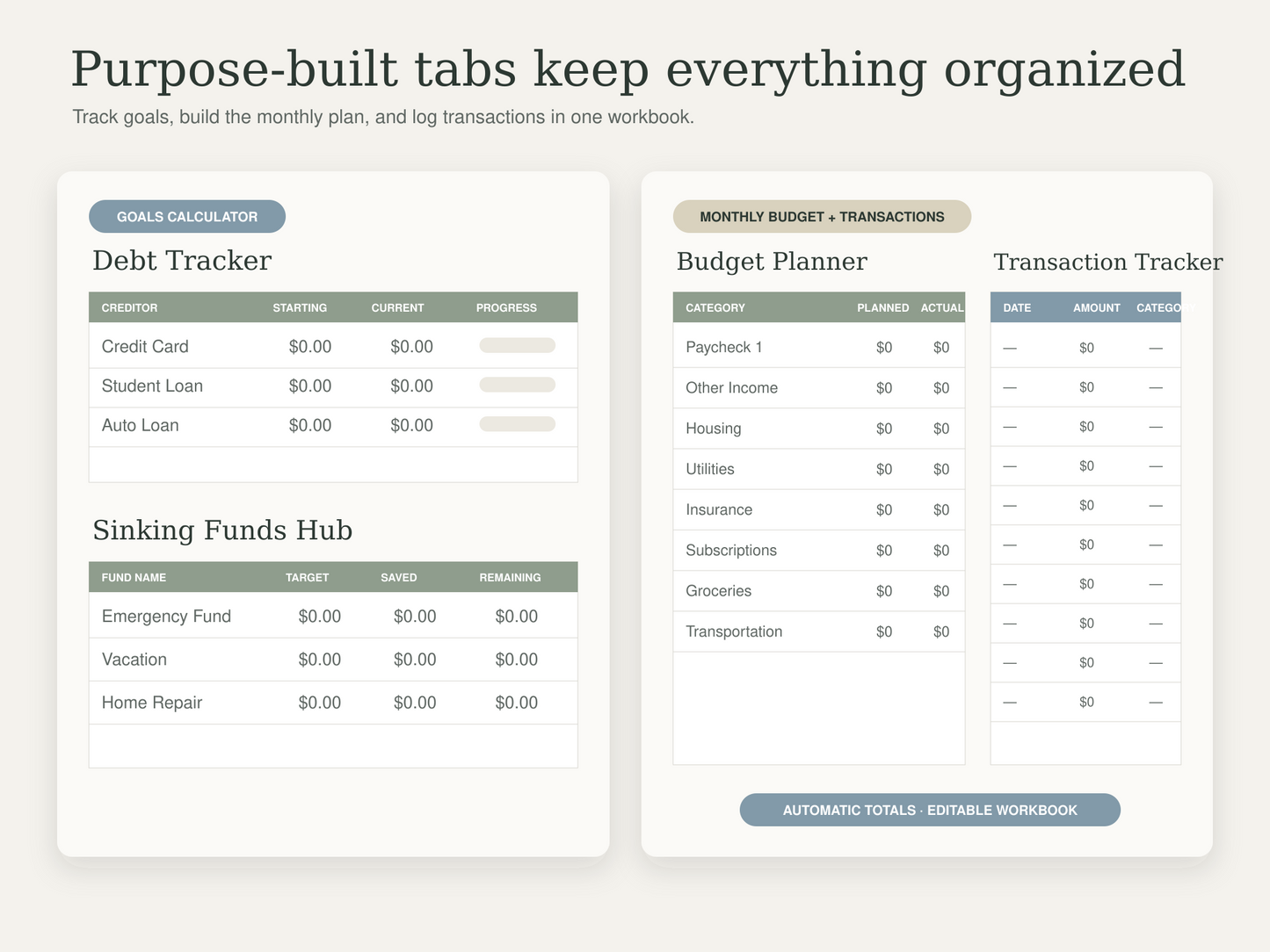 Calm Budget Dashboard — Google Sheets & Excel Budget Template with Printable Finance Pack