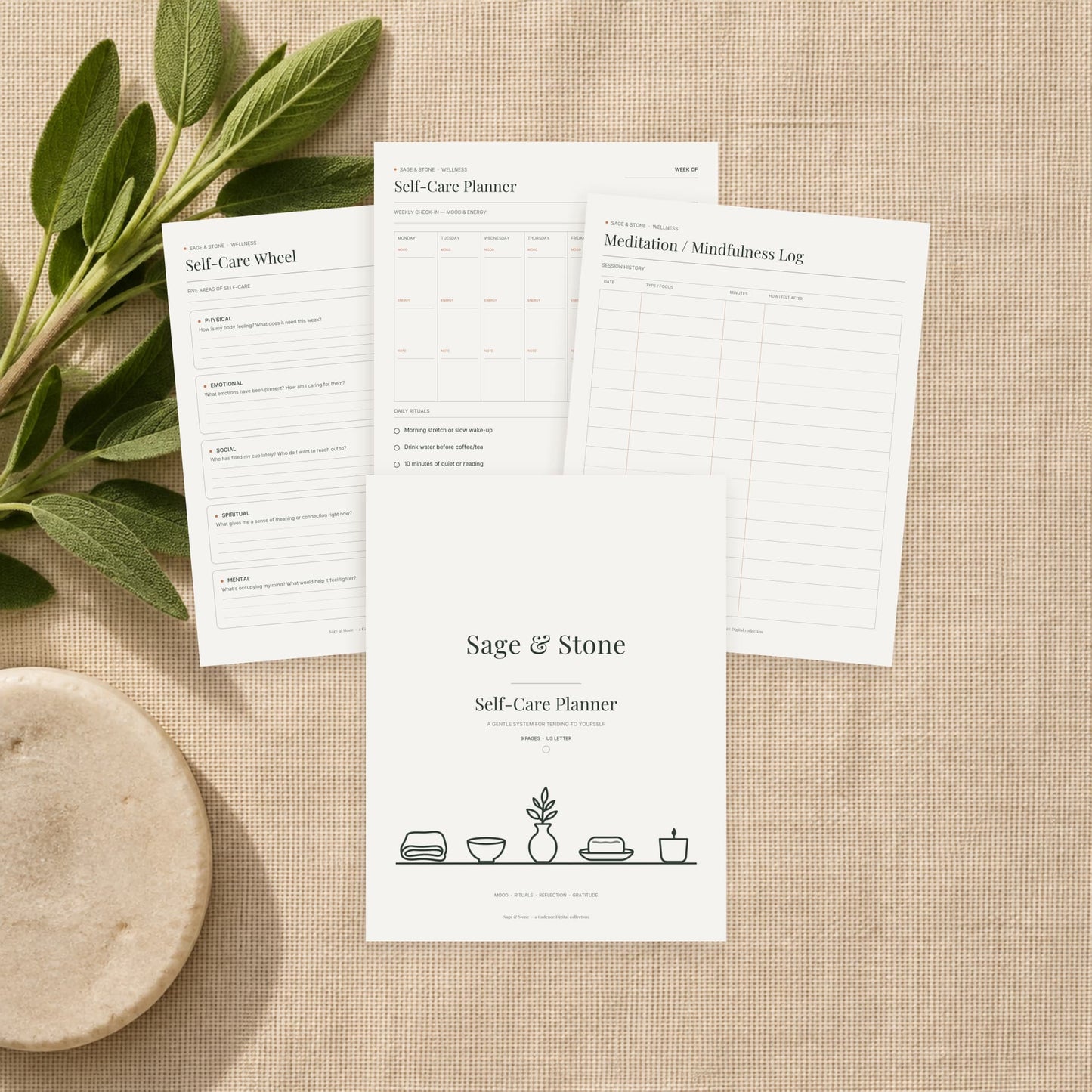 Self-Care Planner printable by Sage & Stone — mood, rituals and reflection pages shown printed on a linen surface