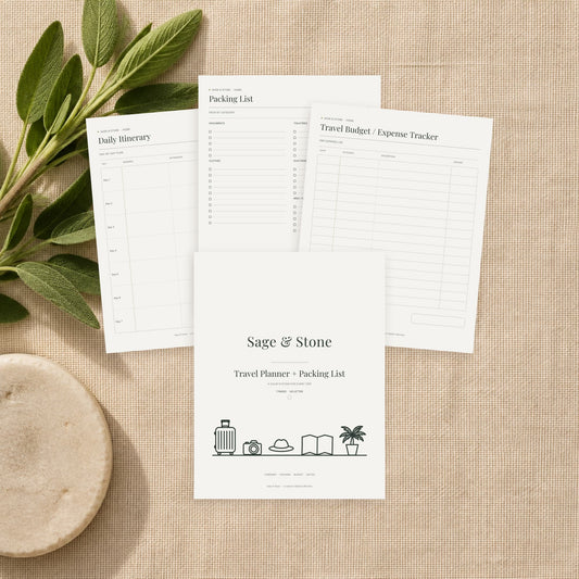 Travel Planner and Packing List printable by Sage & Stone — itinerary and packing pages shown printed on a linen surface