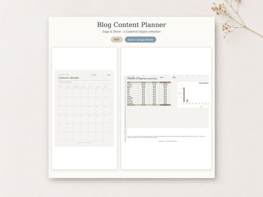 Blog & Content Planner by Sage & Stone — printable pages shown in a styled flat-lay