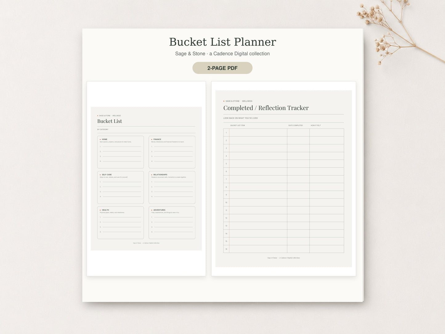 Bucket List Planner by Sage & Stone — printable pages shown in a styled flat-lay