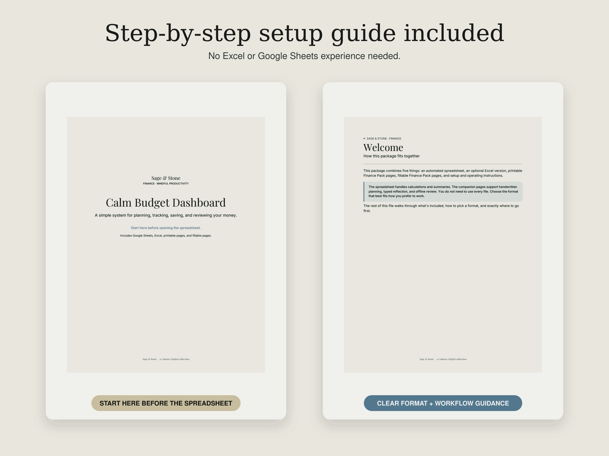 Calm Budget Dashboard cover page beside a welcome page explaining how the spreadsheet, Excel version, and companion pages fit together
