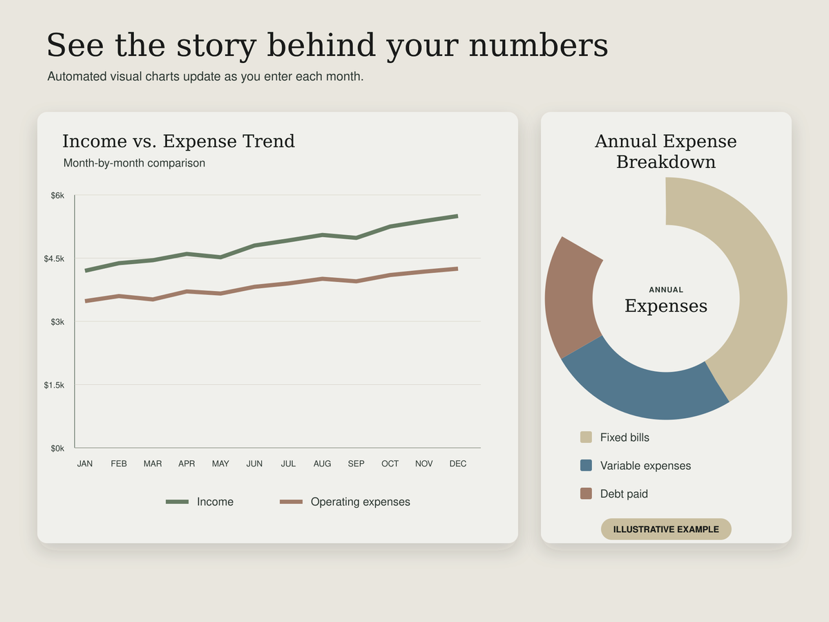 Calm Budget Dashboard automated visual charts preview
