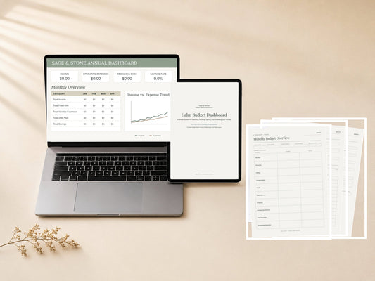 Calm Budget Dashboard by Sage & Stone — the complete budgeting toolkit