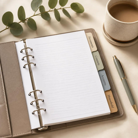 Calm Home Binder by Sage & Stone — printable binder open with Documents, Contacts, Accounts and Household tabs