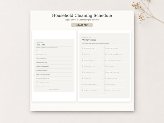 Household Cleaning Schedule by Sage & Stone — printable pages shown in a styled flat-lay