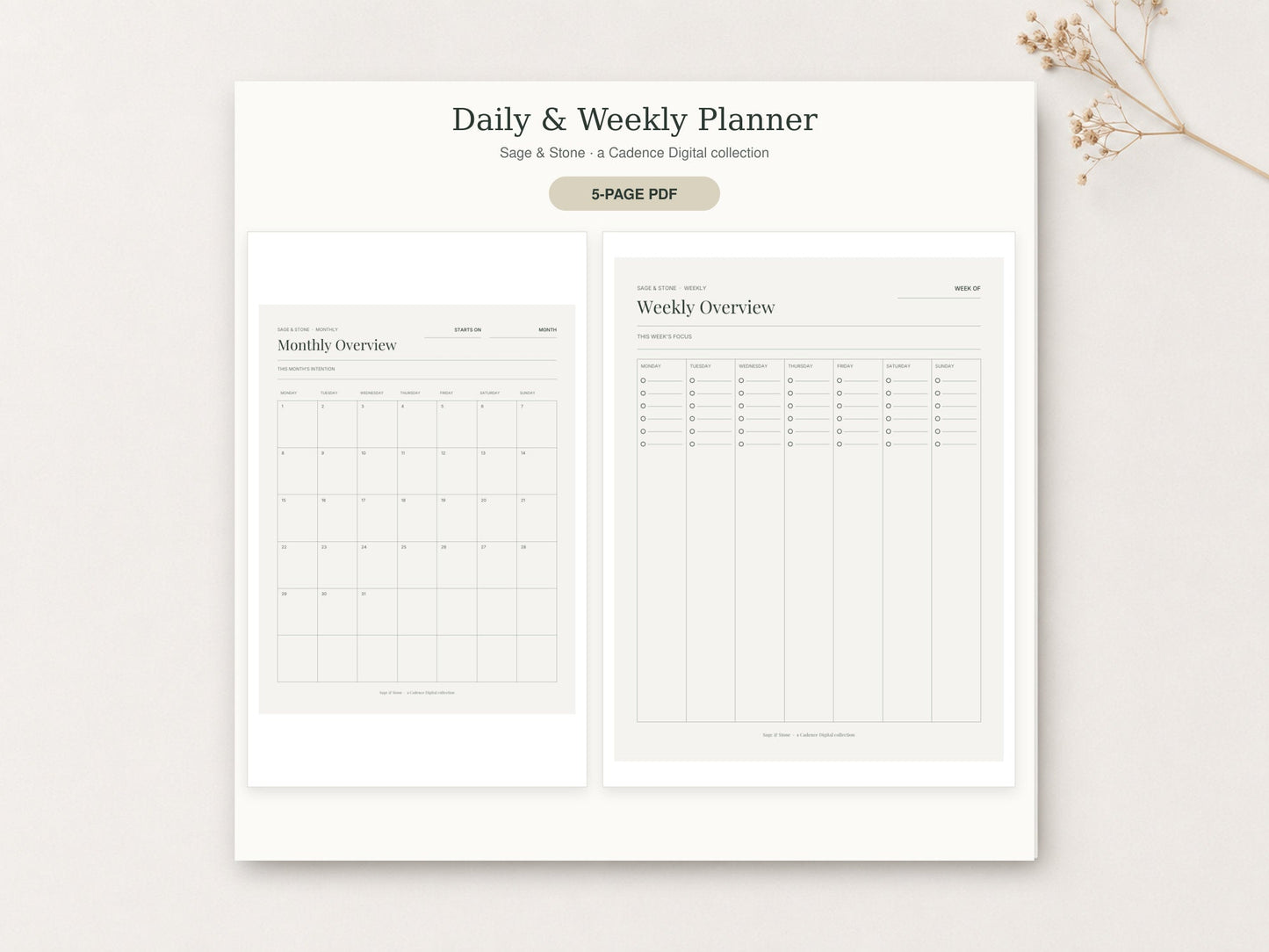 Daily & Weekly Planner by Sage & Stone — printable pages shown in a styled flat-lay