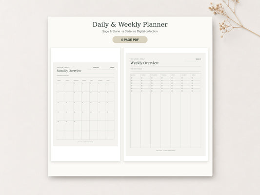 Daily & Weekly Planner by Sage & Stone — printable pages shown in a styled flat-lay