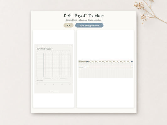 Debt Payoff Tracker by Sage & Stone — printable pages shown in a styled flat-lay