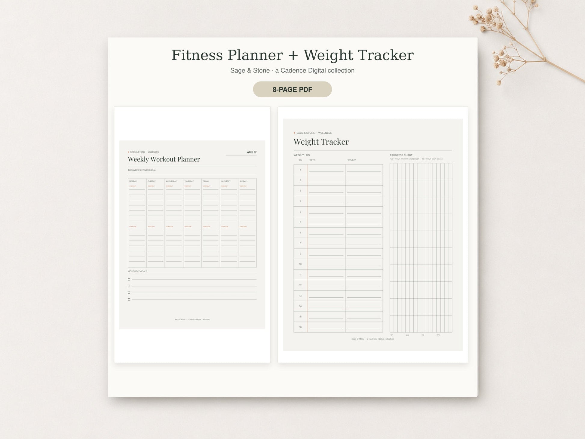 Fitness Planner & Weight Tracker by Sage & Stone — printable pages shown in a styled flat-lay