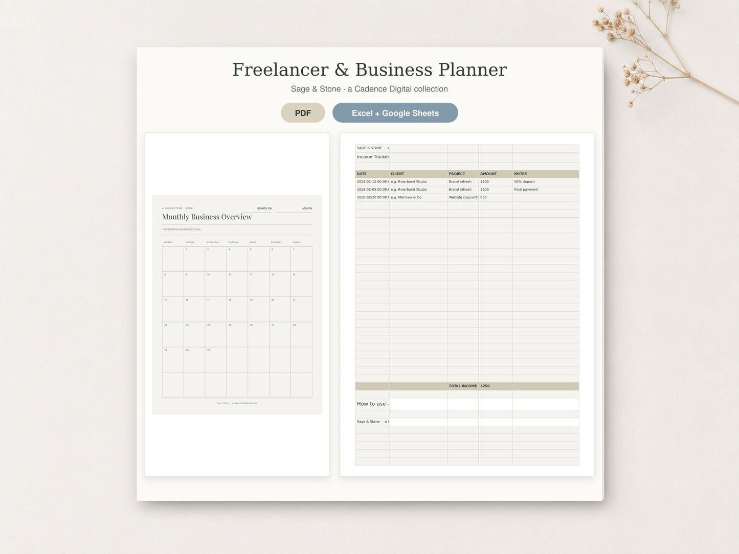 Freelancer & Business Planner by Sage & Stone — printable pages shown in a styled flat-lay