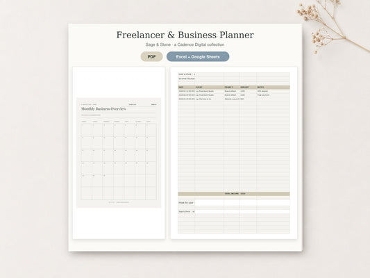 Freelancer & Business Planner by Sage & Stone — printable pages shown in a styled flat-lay