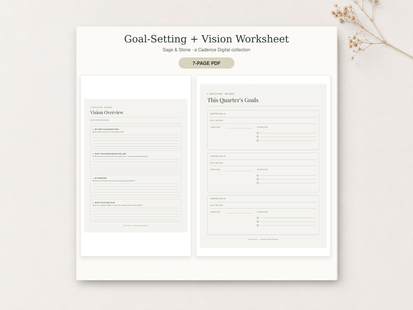 Goal-Setting / Vision Worksheet by Sage & Stone — printable pages shown in a styled flat-lay