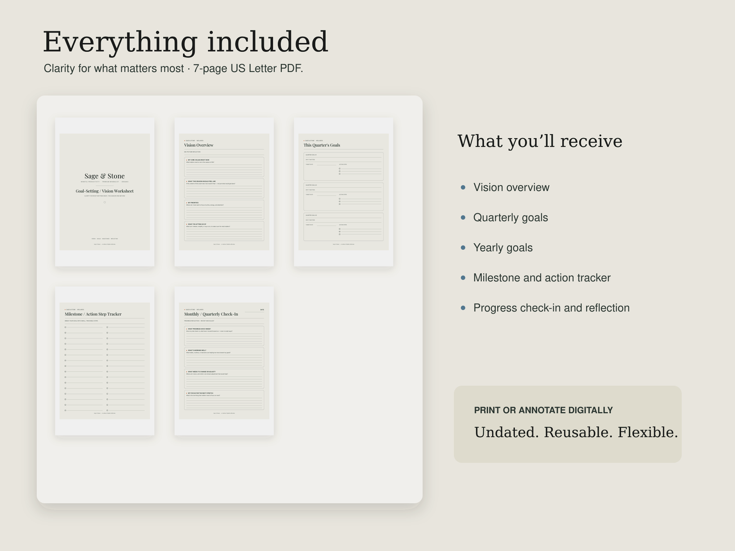 Goal-Setting worksheet pages showing vision overview, quarterly goals, and milestone tracker, with a list of what's included