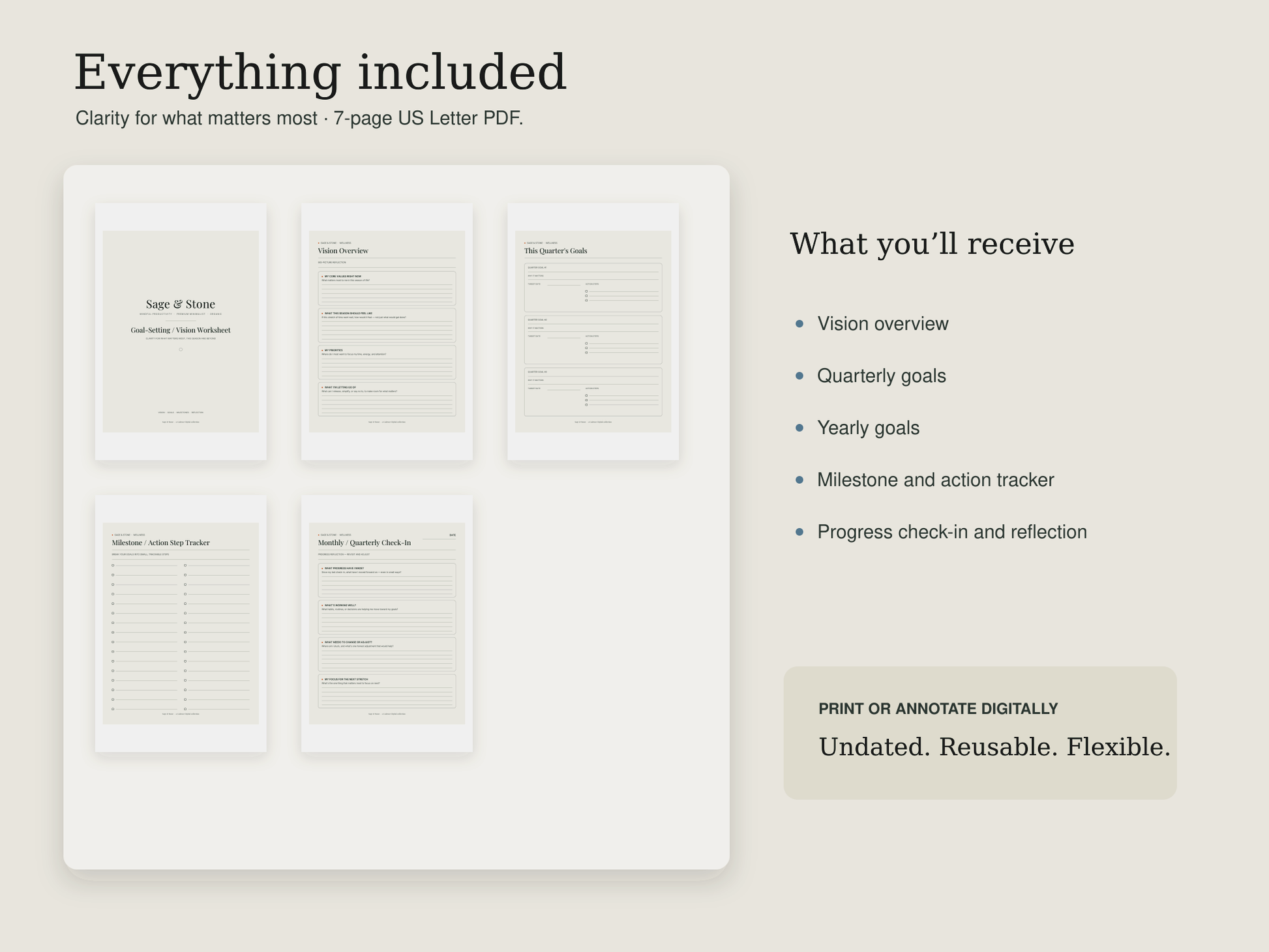 Goal-Setting worksheet pages showing vision overview, quarterly goals, and milestone tracker, with a list of what's included
