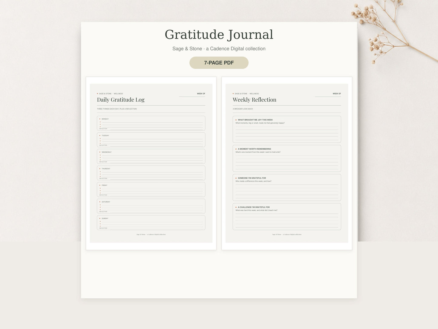 Gratitude Journal by Sage & Stone — printable pages shown in a styled flat-lay