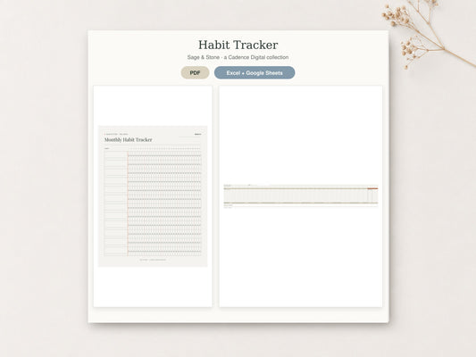 Habit Tracker by Sage & Stone — printable pages shown in a styled flat-lay