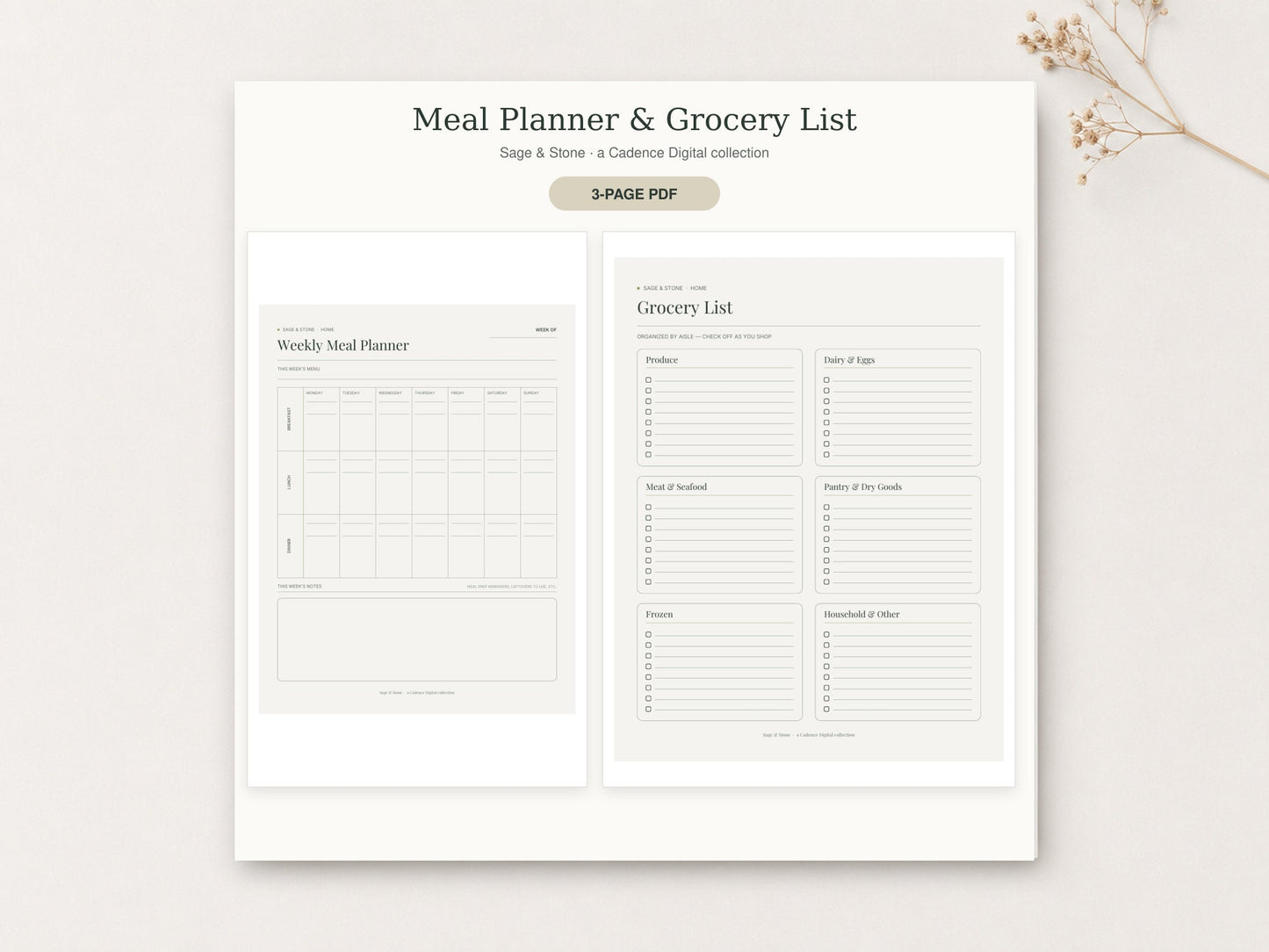 Meal Planner & Grocery List by Sage & Stone — printable pages shown in a styled flat-lay