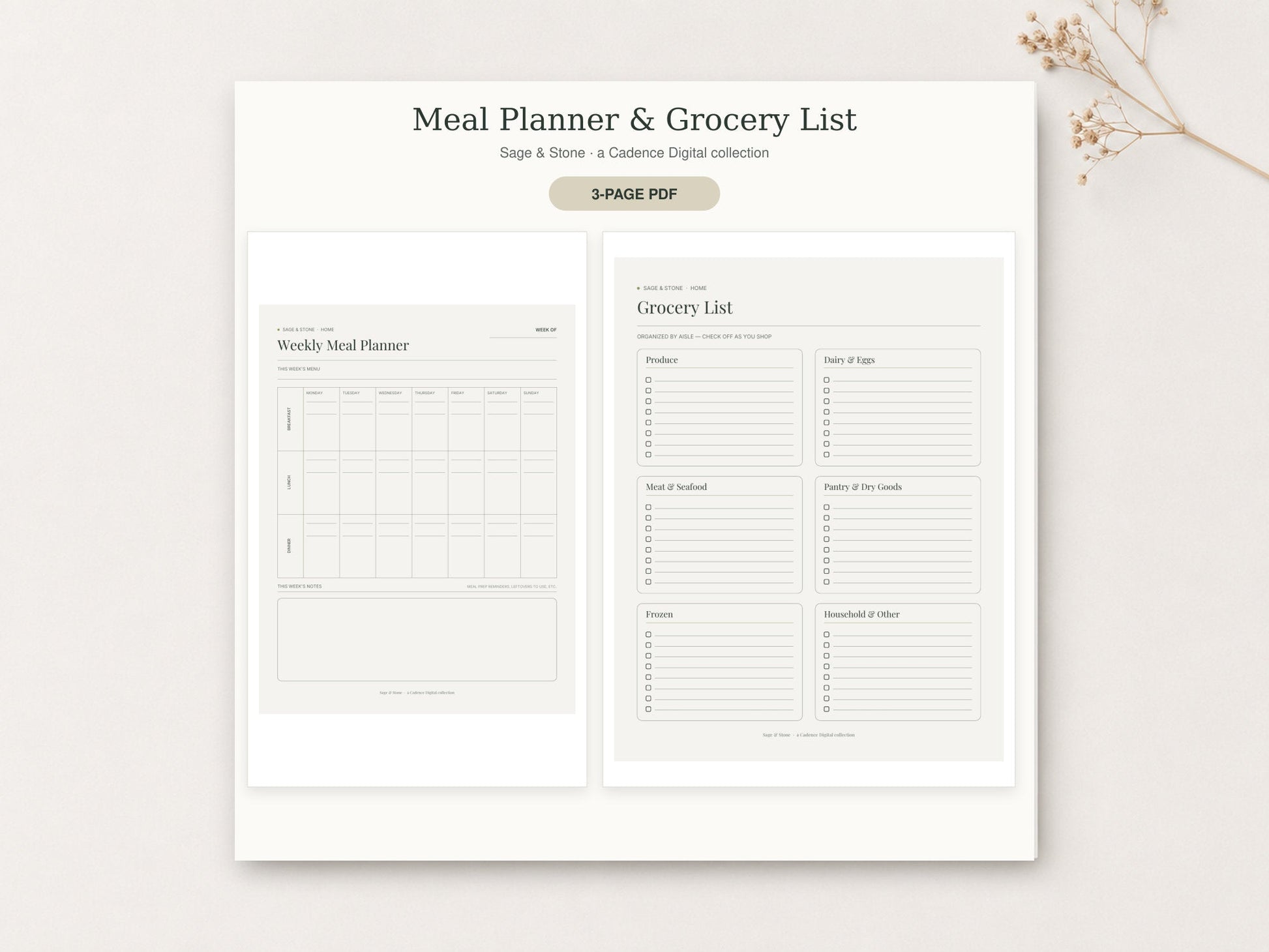 Meal Planner & Grocery List by Sage & Stone — printable pages shown in a styled flat-lay