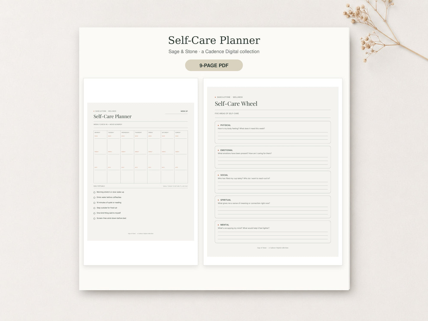 Self-Care Planner by Sage & Stone — printable pages shown in a styled flat-lay