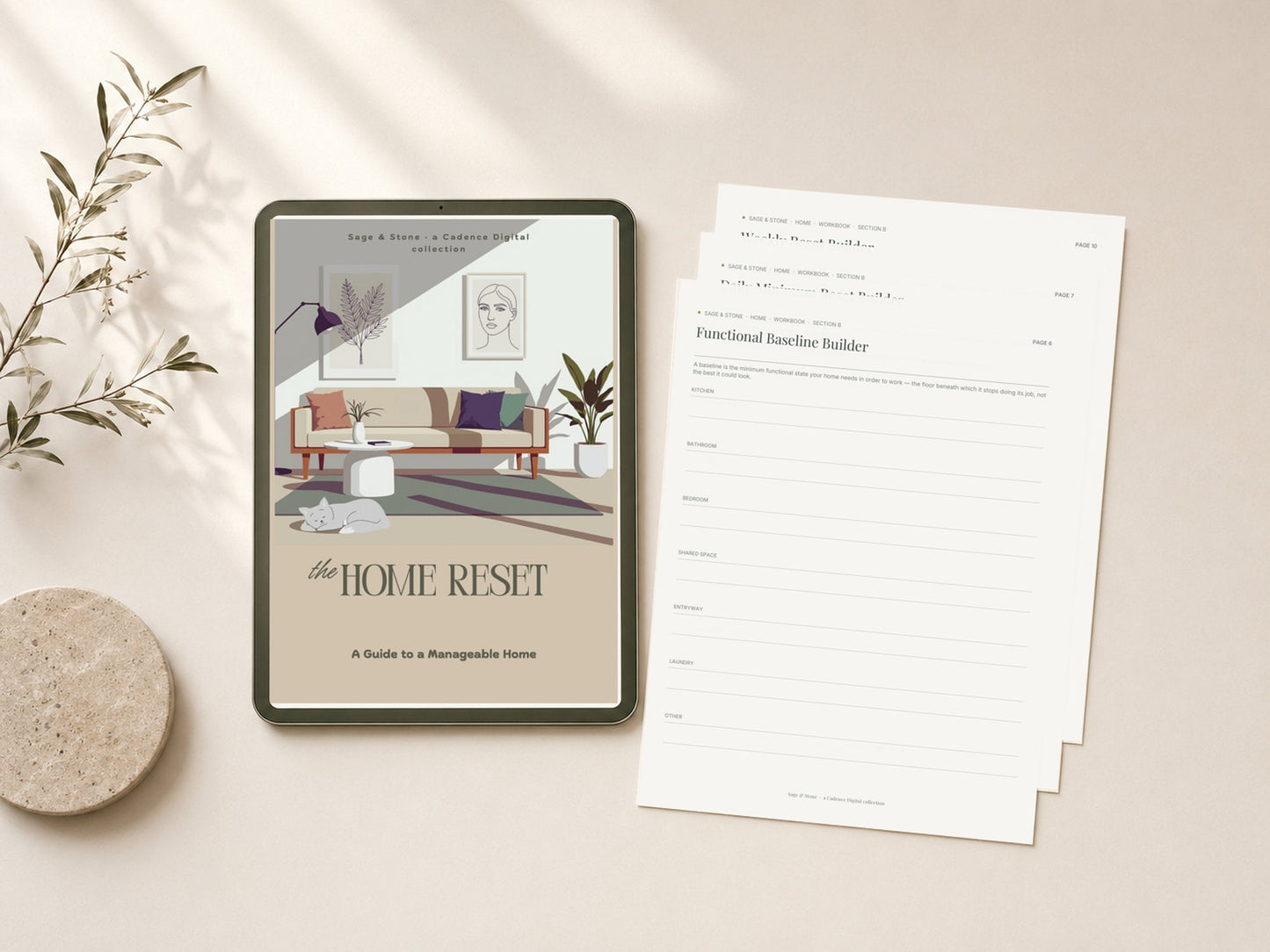 The Home Reset by Sage & Stone — printable pages shown in a styled flat-lay