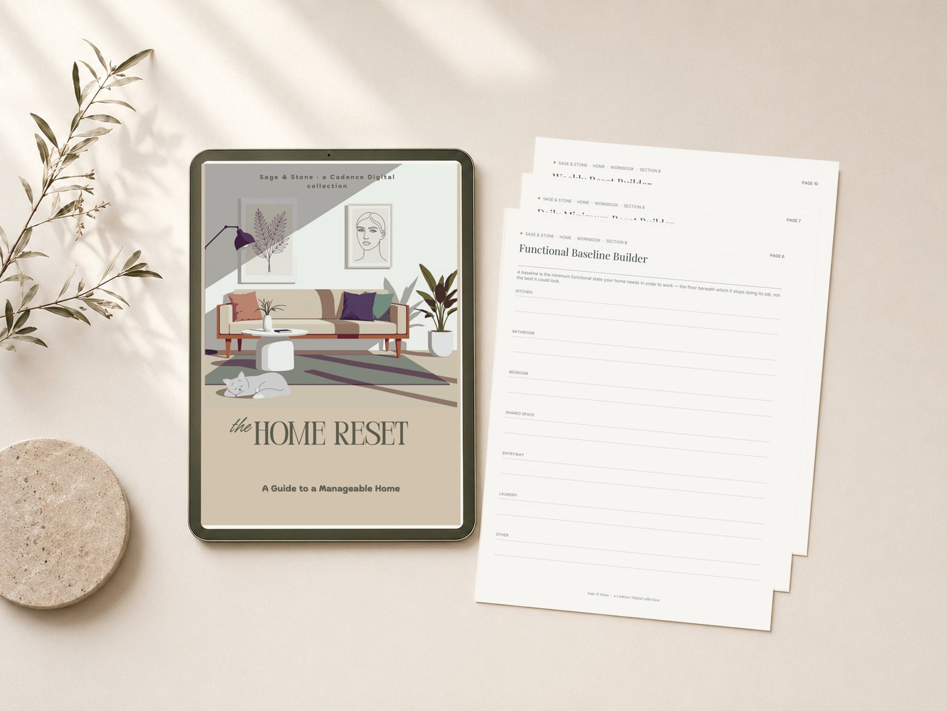 The Home Reset by Sage & Stone — printable pages shown in a styled flat-lay