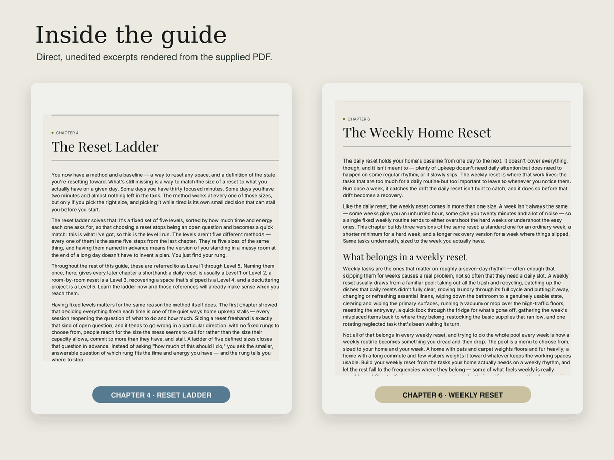 Excerpt pages from The Home Reset guide showing 'The Reset Ladder' and 'The Weekly Home Reset' chapters, with real paragraphs explaining how to size a reset to match your capacity and build a weekly routine that holds