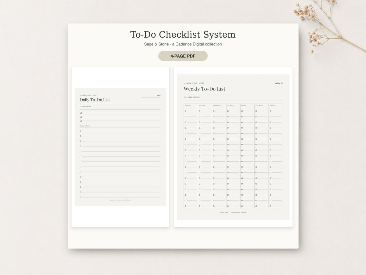 To-Do List / Checklist System by Sage & Stone — printable pages shown in a styled flat-lay